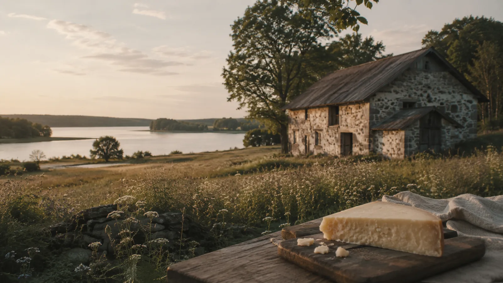 Illustration av en svensk gård och hantverksost i Hjo-trakten vid Vättern