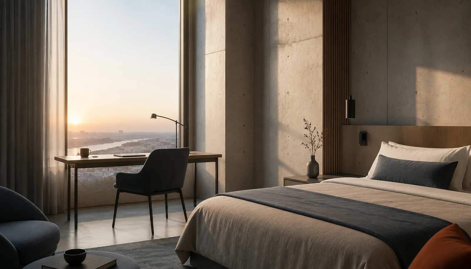 Illustration av ett modernt hotellrum för affärsresenärer nära Almnäs